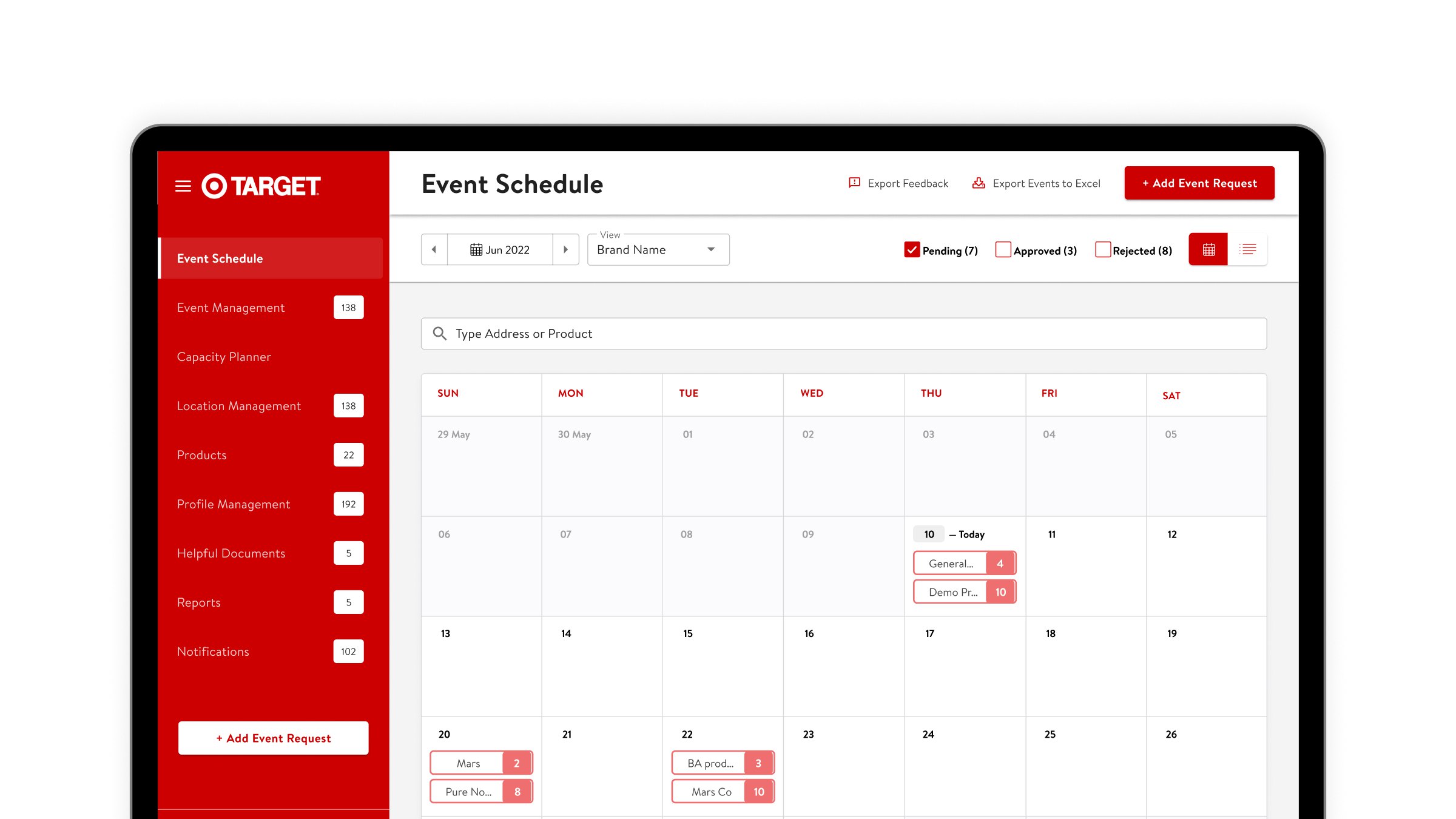 Advantage Solutions Event Schedule for a Target configuration, listing scheduled retail events
